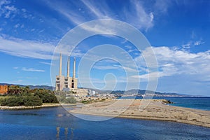 Sant AdriÃ¡, Central Thermal Station of Fecsa in Badalona, Barcelona, Spain. Abandoned boiler room with three chimneys