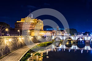 Sant Angelo Castle in Rome, Italy at night.