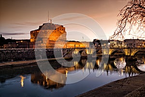 Sant` Angelo Castle and Tiber River in Rome, Italy by night