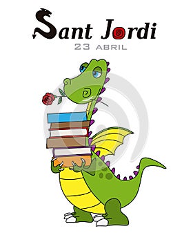 Sant Jordi traditional festival of Catalonia Spain. Dragon with a rose and a batch of books.