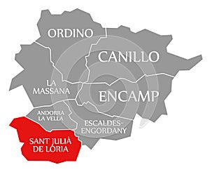 Sant Julia De Loria red highlighted in map of Andorra photo
