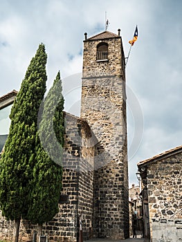 Sant Salvador Church in Castellfolit de la Roca with the independentist Catalan flag