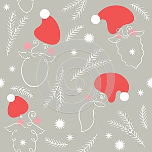 Santa abstract portraits continuous lines. Seamless background