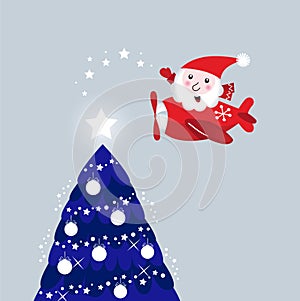 Santa in air plane lighting christmas tree