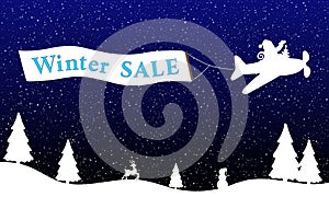 Santa in airplane flying with aero advertisement Winter SALE. Landscape with fir trees, reindeer, snowman, snowflakes