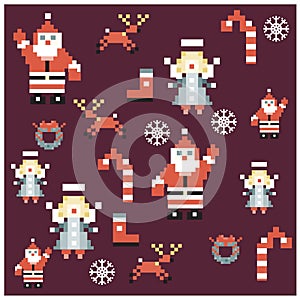 Santa and angels pixel characters christmas design.