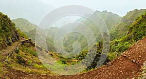 Santa Antao island in Cape Verde. Panoramic view of the fertile ravine valley with volcanic mountain ridge