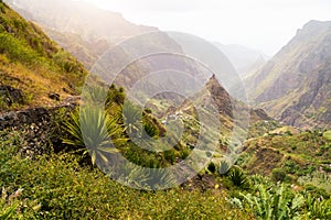 Santa Antao terrain at Cape Verde island. Mountain peaks of Xo-Xo valley with many local cultivated plantation near