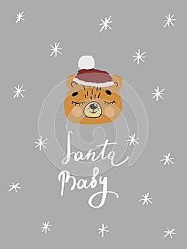 Santa Baby Nursery poster kids Hand drawn christmas illustration with hand lettering and hand drawing - text and bear in a hat wit