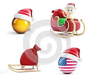 A santa bag, a child on a Santa sled, Santa`s hat on a white background 3D illustration, 3D rendering