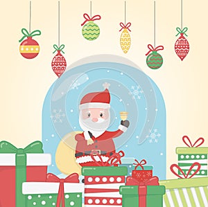 Santa with bag gifts bell celebration merry christmas poster