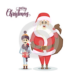 Santa with bag of gifts and happy Boy with Christmas gift box dressed in scarf. Flat style illustration. Happy New Year and