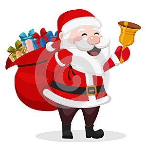 Santa with a bag of gifts smiling and waving a bell on a white.