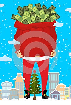 Santa and bag of money. Christmas gift cash. Red sack with dollars