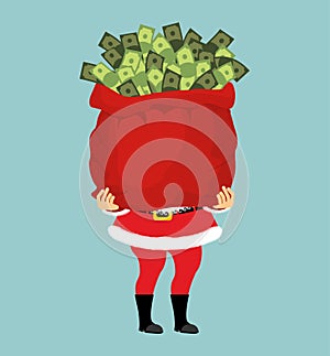 Santa and bag of money. Christmas gift cash. Red sack with dollars