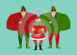 Santa and bag of money. Elf Claus bodyguards. Christmas gift cash. Red sack with dollars