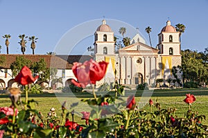 Old Mission from behind Roses, Santa Barbara, CA, USA