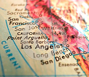 Santa Barbara California map USA focus macro shot on globe for travel blogs, social media, web banners and backgrounds.