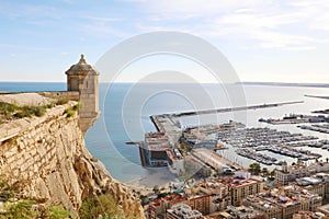 Santa Barbara castle with panoramic aerial view of Alicante famous touristic city in Costa Blanca, Spain