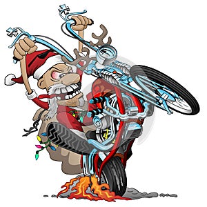 Santa biker on an American style chopper motorcycle, popping a wheelie, vector cartoon Illustration