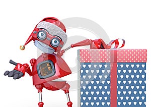 Santa bot beside the gift box in white background close up