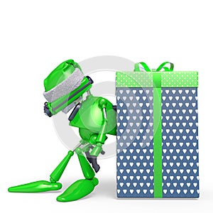Santa bot leaning on the gift box in white background