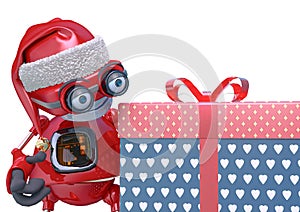 Santa bot beside and looking the gift box in white background