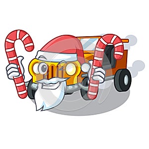 Santa with candy jeep cartoon car in front clemency