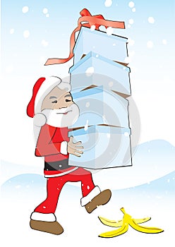 Santa carries the gift boxes and banana peel