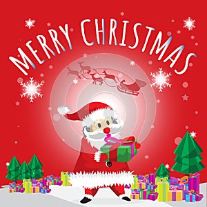 Santa Carry bag and Merry Christmas Dark Blues Background Best Gift Cartoon
