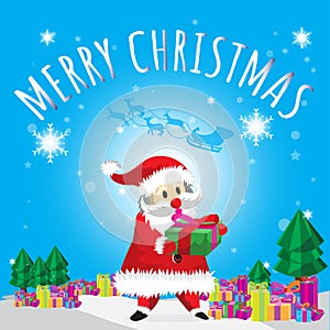 Santa Carry Gift and Merry Christmas Blues Background Tree Cartoon