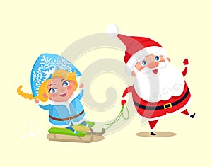 Santa Carry Snow Maiden on Sleigh Vector Character