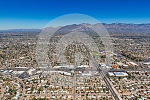 Santa Catalina Mountains provide the backdrop in this aerial photo of Tucson, Arizona