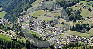 Santa Christina, Town in Val Gardena. Aerial of beautiful alpine town in 4K