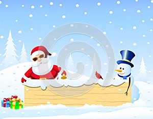 Santa,Christmas bird and Snowman with Christmas Bord photo