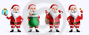 Santa christmas character vector set. Santa claus 3d characters standing and holding gifts, bag and bell elements for xmas.