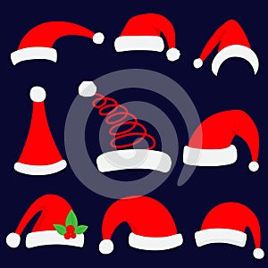 Santa christmas hat vector illustration. Red santa top hat set.