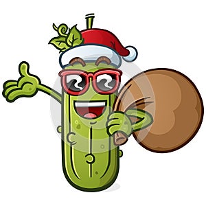 Santa Christmas Pickle Cartoon with Attitude wearing Cool Sunglasses with arms out for a hug
