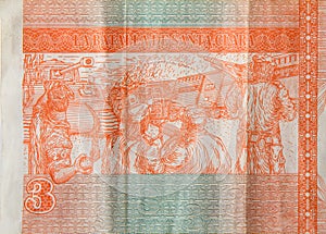 Santa Clara battle on cuban banknote of orange three pesos convertibles 2016