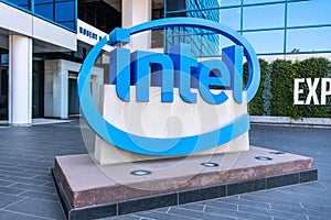 Santa Clara, California, USA May 31st 2022 Intel logo near worldwide corporation headquarters in Silicon Valley.