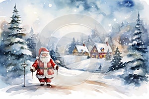 Santa Claus against Christmas background. Watercolor winter illustration for postcard, design, print