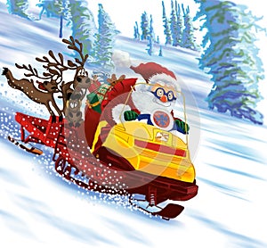 Santa Claus astride a snowmobile photo