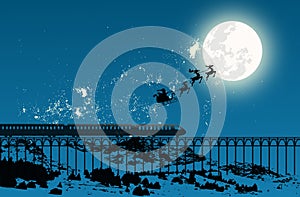 Santa Claus on the background of the moon and a midnight train in the mountains