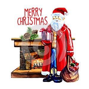 Santa Claus with a bag full of gifts and present box for Christmas near fireplace. Xmas new year card design, postcard