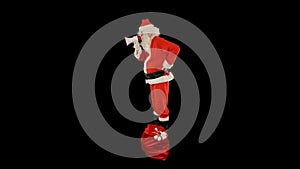 Santa Claus with a bag full of presents shouting through a bullhorn, side view, Luma Matte attached