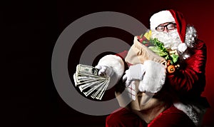 Santa Claus with a bag full of vegetables and fruits and money