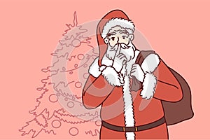 Santa Claus with bag of gifts came to congratulate children on Christmas holidays. Vector image