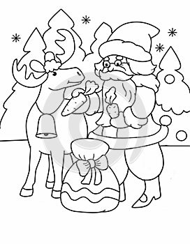 santa claus with a bag of gifts for children, drawing for coloring