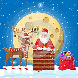 Santa claus with bag with gifts in house chimney