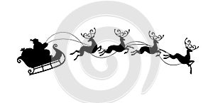 Santa Claus with a bag of gifts rides in a sleigh with reindeer, black vector silhouette isolated on white background